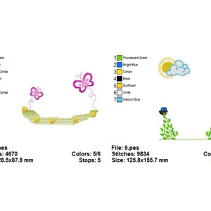 May include: Two embroidery designs featuring a butterfly, flowers, and a bee. The first design is a green, yellow, and pink butterfly with flowers and a bee. The second design is a blue bee with a yellow sun and a white cloud.