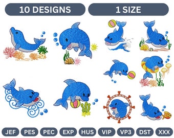 Diseños de bordado de delfines / Patrones de bordado a máquina náuticos y oceánicos / Diseños de animales marinos