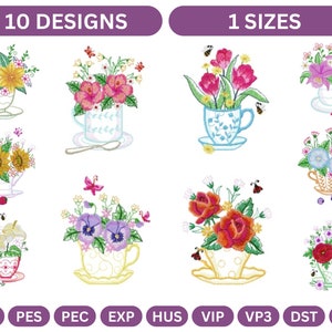 Cups With Flowers Machine Embroidery Design,Instant Download