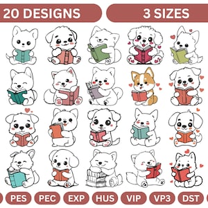 Lindos diseños de bordado de perros lectores: 20 adorables patrones digitales, 3 tamaños, descarga instantánea