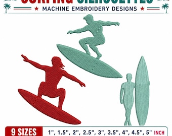 Surfing Silhouettes Machine Embroidery Designs - 9 Sizes & 8 Formats Instant Download