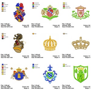 May include: A set of 10 embroidery designs featuring various heraldic crests and crowns. The designs are in a variety of colors, including red, blue, green, gold, and black. The designs are perfect for adding a touch of royalty to your projects.
