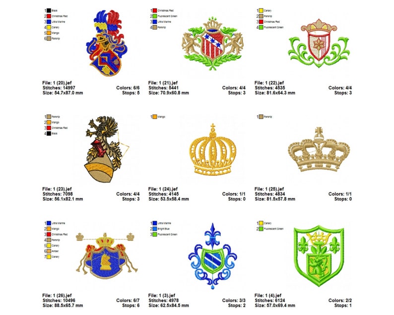 May include: A set of 10 embroidery designs featuring various heraldic crests and crowns. The designs are in a variety of colors, including red, blue, green, gold, and black. The designs are perfect for adding a touch of royalty to your projects.