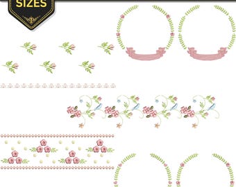Floral Wreath Ribbon machine embroidery,  Flower Vine Border design - 2 Sizes,