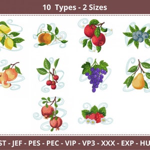 Puede incluir: Diez diseños de bordado de diferentes frutas y bayas en ramas, incluyendo limones, naranjas, manzanas, arándanos, uvas, peras, cerezas, granadas y fresas. Los diseños están en dos tamaños y están disponibles en múltiples formatos, incluyendo DST, JEF, PES, PEC, VIP, VP3, XXX, EXP y HUS.