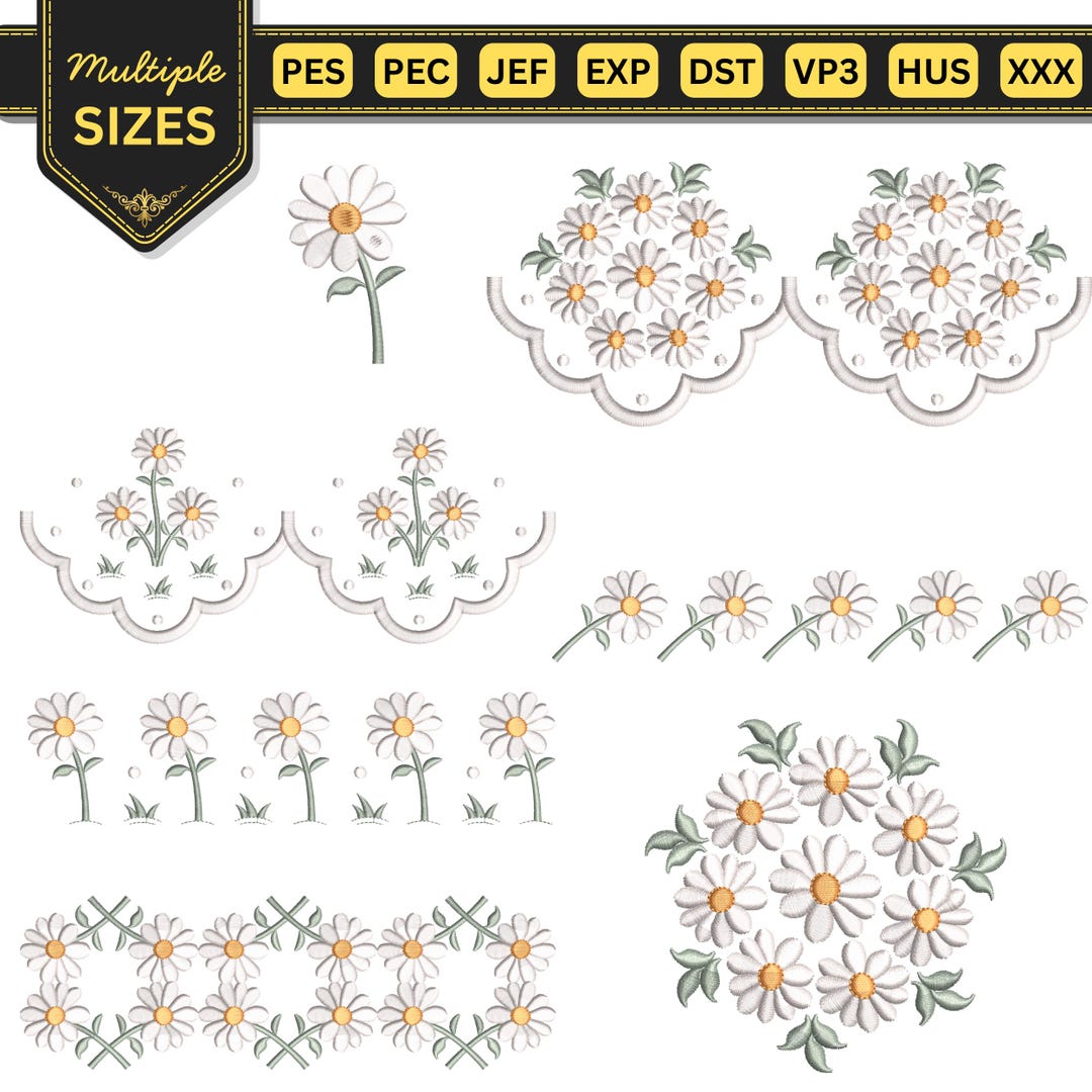 Daisy Flower Design Bundle, Floral Scalloped Border Machine Embroidery ...