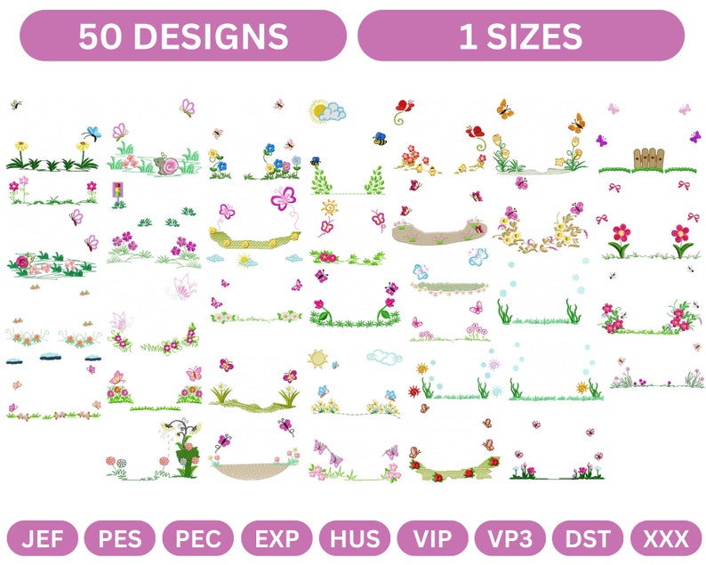 May include: 50 embroidery designs featuring various floral and butterfly motifs. The designs are perfect for creating beautiful borders, accents, and embellishments for your projects. The designs are available in multiple formats, including JEF, PES, PEC, EXP, HUS, VIP, VP3, DST, and XXX.