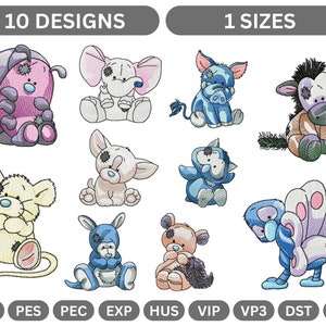 Op de afbeelding: Tien borduurpatronen van schattige cartoondieren, waaronder een lieveheersbeestje, een olifant, een varken, een zebra, een puppy, een kat, een kangoeroe, een beer, een kalkoen en een muis. De ontwerpen zijn in verschillende kleuren, waaronder roze, blauw, groen, geel en bruin. De ontwerpen zijn beschikbaar in één maat. De bestandsformaten zijn JEF, PES, PEC, EXP, HUS, VIP, VP3, DST en XXX.