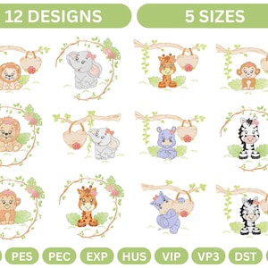 Adorable Jungle Animal Embroidery Design Set – 12 Cute Safari Animals with Flowers – 5 Sizes – Instant Download