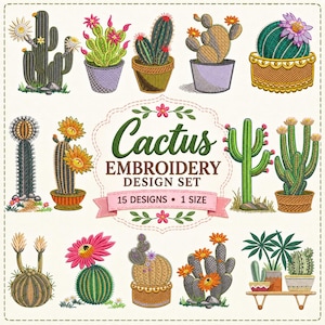 Puede incluir: Un conjunto de diseños de bordado digital con 15 ilustraciones de cactus en varias macetas, incluyendo variedades en flor con flores rosas, naranjas y blancas. El texto central dice Cactus EMBROIDERY DESIGN SET 15 DESIGNS 1 SIZE.
