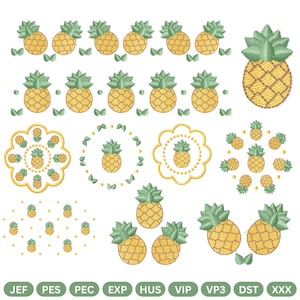 Puede incluir: Una colección de diseños de bordado de piña amarillos y verdes. Los diseños incluyen bordes, patrones circulares y piñas individuales. La imagen presenta varios formatos de archivo de bordado en la parte inferior.