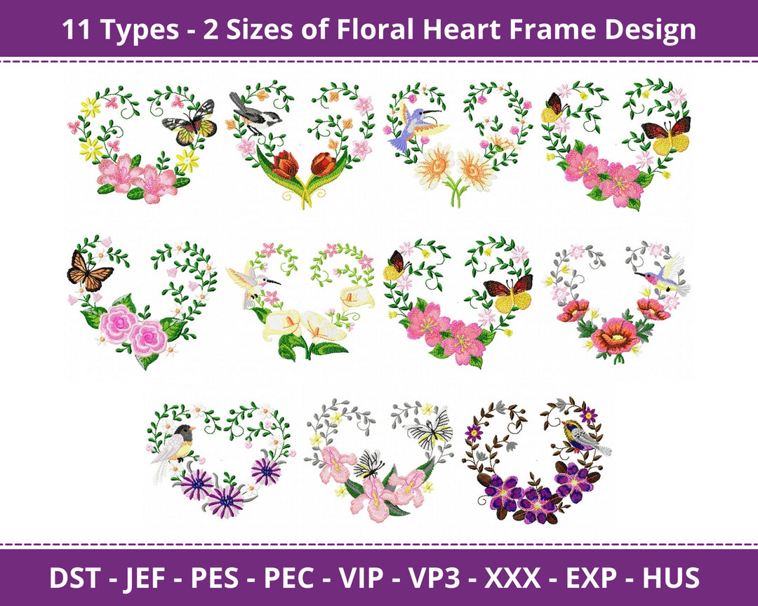 11 Types Floral Heart Frame Embroidery Design - Machine Embroidery ...