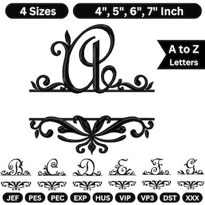 Könnte beinhalten: Schwarze dekorative Stickmuster mit den Buchstaben A bis Z. Das Bild zeigt den Buchstaben "C" in einer dekorativen Schriftart, mit Größen von 10,16 bis 17,78 cm. Das Bild enthält auch den Text "4 Größen" und "A bis Z Buchstaben".