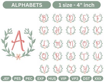 Elegant Floral Alphabet Embroidery Design Set - 26 Letters with Delicate Wreath and Flowers - Instant Digital Download Files