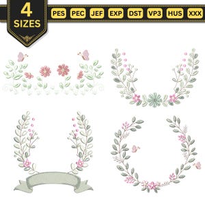 Blomkransbroderidesignpaket, maskinbroderi med blombandram, omedelbar nedladdning - 4 storlekar