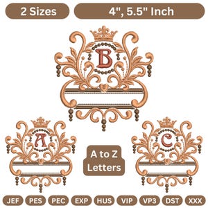 Puede incluir: Diseños de monogramas bordados en oro y rojo con las letras A, B y C, adornados con coronas y elementos decorativos. Disponibles en dos tamaños: 10,16 cm y 13,97 cm. También se incluye el texto "A to Z Letters".