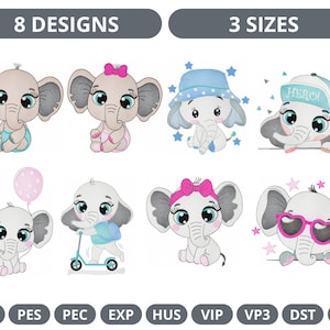 Adorable Baby Elephant Embroidery Designs | 8 Designs, 3 Sizes | Digital Machine Embroidery Files