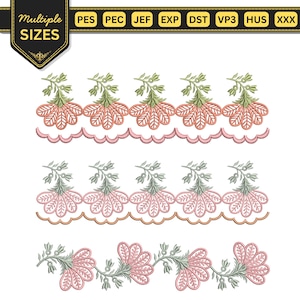 May include: An embroidery design file featuring three distinct floral border patterns with scalloped edges. The top row has peach flowers with green stems, the middle row has light pink flowers, and the bottom row shows a continuous floral vine.
