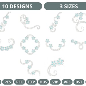 Könnte beinhalten: Zehn Stickmuster mit floralen Wirbeln in drei Größen. Die Designs sind in Weiß mit hellblauen Blumen. Die Dateiformate sind JEF, PES, PEC, EXP, HUS, VIP, VP3, DST und XXX.