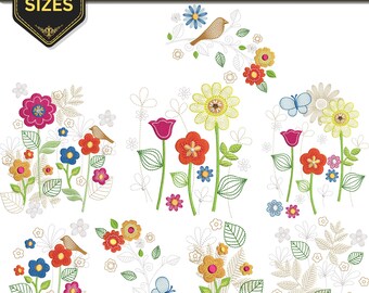 Whimsical Meadow Flowers machine embroidery,  Art Bird and Butterfly design - 2 Sizes,