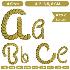 May include: Embroidered letters A, a, B, b, C, and c in a rope-like design. The image shows the letters in four sizes: 4, 5, 6.5, and 8 cm. The text "A to Z Letters" is also present.