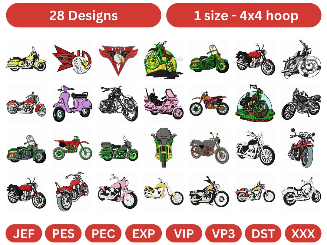 Motorcycle Embroidery Designs – 28 Unique Bike Patterns – 4x4 Hoop ...