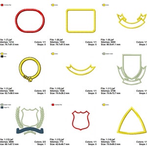 May include: A set of 10 embroidery designs featuring various shapes, including circles, squares, shields, banners, and triangles. The designs are in yellow and red, with some featuring green accents. The designs are approximately 75 mm in size.