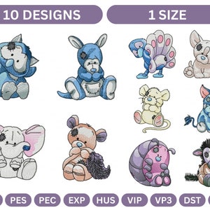 May include: Ten embroidery designs featuring cute cartoon animals with a patchwork design. The animals include a kangaroo, elephant, pig, mouse, peacock, zebra, armadillo, and dog. The designs are available in one size.