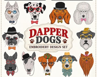 Dapper Dogs Embroidery Design Set - 12 Canine Portraits 3 Sizes & 9 Formats