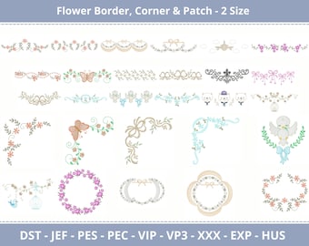 28 Type Flower Border, Corner & Patch for Pillow cover and Bedsheet - Embroidery Design - 2 Sizes,Instant Download