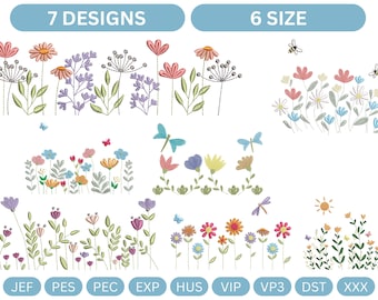 Wildflower Border Machine Embroidery Design, Flower Garden Edge files - 6 Sizes,
