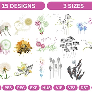 May include: 15 embroidery designs of dandelions in various styles and colors, including black and white, green, yellow, and blue. The designs are available in three sizes. The file formats are JEF, PES, PEC, EXP, HUS, VIP, VP3, DST, and XXX.