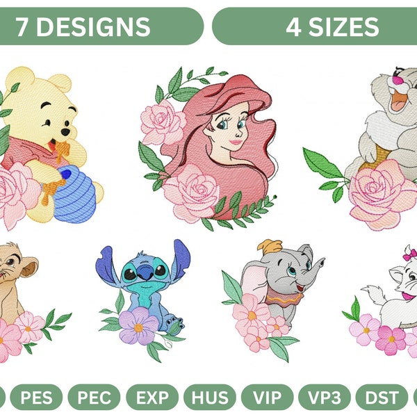 7 Art, Cartoon mit Blumen Embroidery Design Bundle, Größe 4, Instant Download