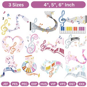May include: Embroidered musical designs featuring treble clefs, musical notes, and piano keys. The designs come in various shapes and styles, with sizes of 10, 12.7, and 15.2 cm. The image also includes text that says "3 Sizes" and "4", 5", 6" Inch".