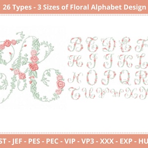 26 diseños de fuente bordada con alfabeto floral en 3 tamaños, descarga instantánea