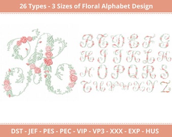 26 Designs Floral Alphabet Bordado Fonte Design em 3 Tamanhos, Download Instantâneo