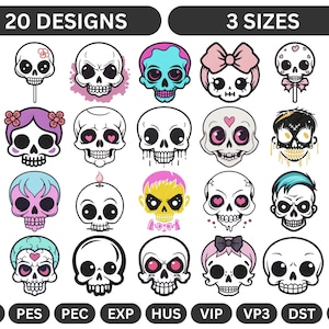 Skull Embroidery Designs - 20 Unique Cute & Spooky Digital Patterns - 3 Sizes - Instant Download