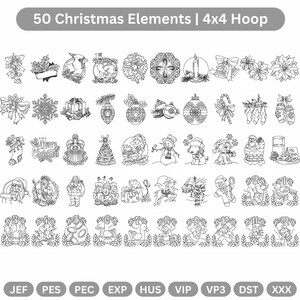 May include: Black and white line art of 50 Christmas-themed elements, including ornaments, snowflakes, and Santa Claus. The text at the top reads "50 Christmas Elements | 4x4 Hoop". The image is suitable for embroidery or crafting projects.