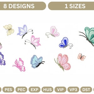 Op de afbeelding: Acht borduurmotieven van vlinders in verschillende kleuren, waaronder roze, blauw, groen en geel. De ontwerpen zijn gelabeld met "8 DESIGNS" en "1 SIZES".