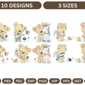 10 Cute Teddy Bear Embroidery Designs | Baby Machine Embroidery Patterns | Digital Download | Bear & Animal Designs | 3 Sizes