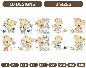 10 Cute Teddy Bear Embroidery Designs | Baby Machine Embroidery Patterns | Digital Download | Bear & Animal Designs | 3 Sizes