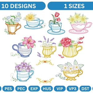 Applique Tea Cup With Flower Machine Embroidery Design,Instant Download