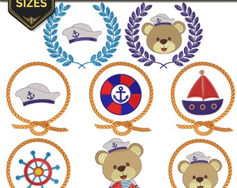 Nautical Sailor Bear machine embroidery Design Bundle, Rope Frame design - 3 Sizes,