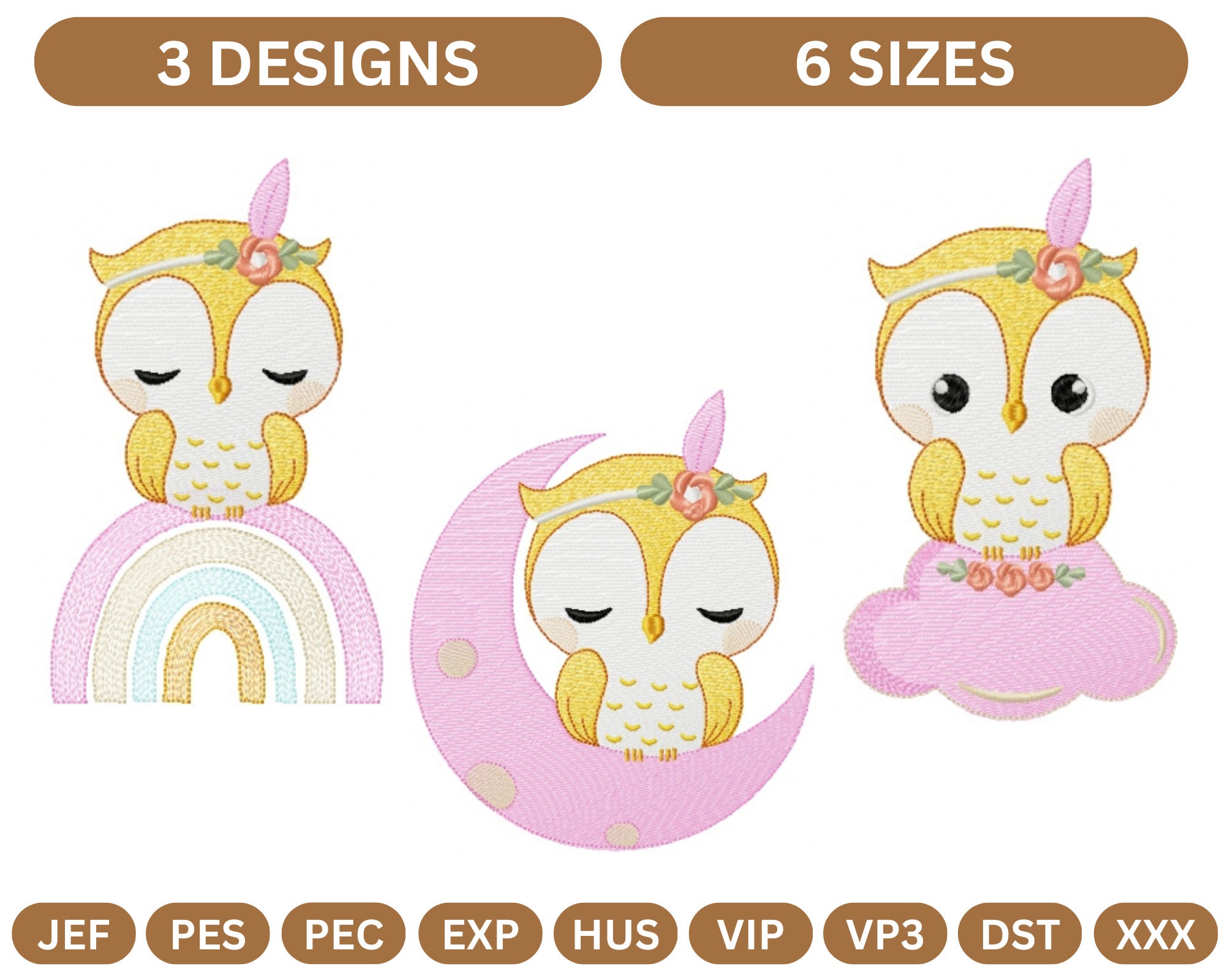 3 Types Little Owl Embroidery Designs &ndash; 6 Size , Instant Download