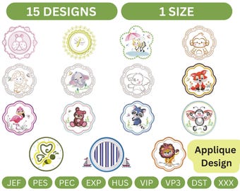 Animal Frame Applique Machine Embroidery Design Bundle, 15 Nursery Frame files - 1 Size