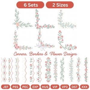 Puede incluir: Una colección de diseños florales de esquinas, bordes y flores. Los diseños incluyen rosas, hojas y lazos en tonos rosa, verde y blanco. Se muestra el texto "Corners, Borders & Flower Designs".
