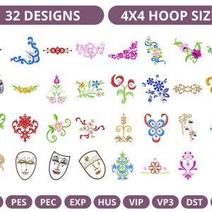 May include: 32 embroidery designs for a 4x4 hoop. The designs include a variety of floral patterns, masks, and other decorative elements. The designs are in a variety of colors, including red, blue, green, yellow, and pink.