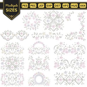 Puede incluir: Una colección de diseños de bordado digital con motivos florales, enredaderas y formas geométricas en tonos rosa, gris y blanco. La imagen incluye una etiqueta que dice Multiple Sizes y enumera los formatos de archivo PES, PEC, JEF, EXP, DST, VP3, HUS y XXX.