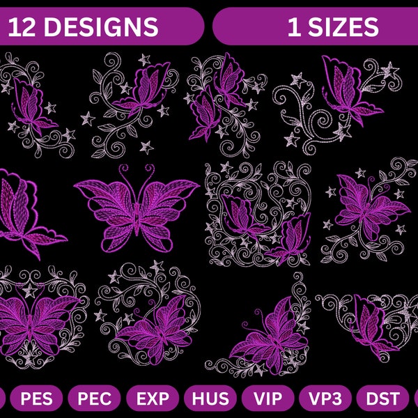 12 Type - Beautiful Decorative Butterfly Embroidery Designs 1 - Sizes  , Instant Download