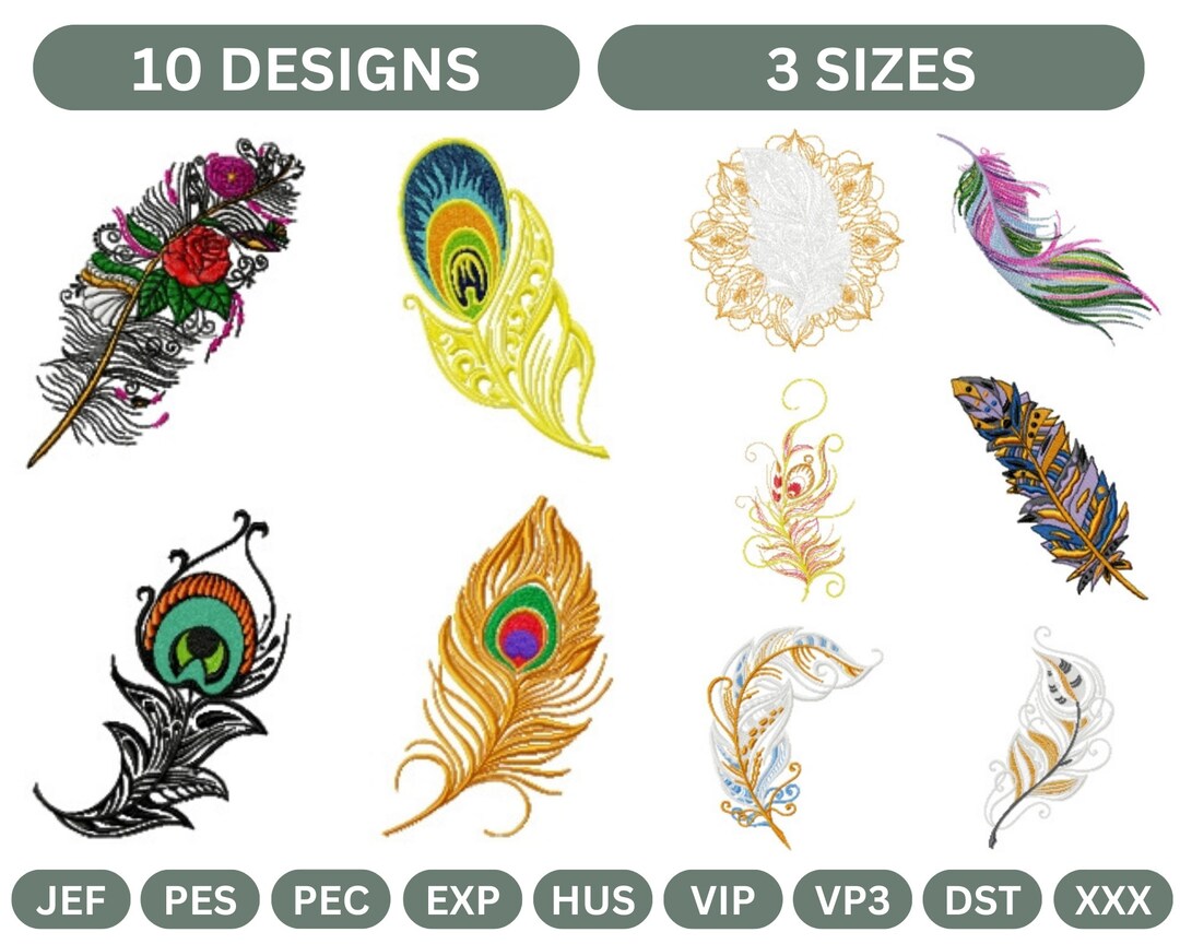 Feather Embroidery Designs | 10 Unique Feathers, 3 Sizes - Etsy